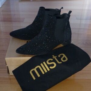 Miista Beau Leather Sparkle Boots | US 7.5 | Black Metallic
